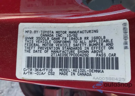 1993 Toyota Corolla Le/Dx из США, поврежденный, VIN 2T1AE09E7PC004292